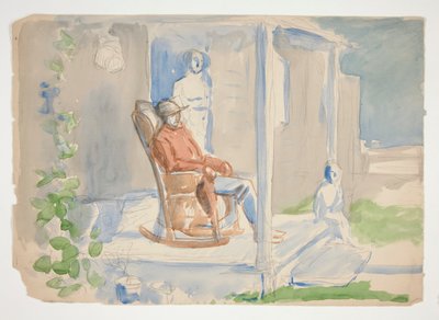 Man i gungstol på verandan med sin fru och sitt barn - oidentifierad illustration av Edwin Austin Abbey