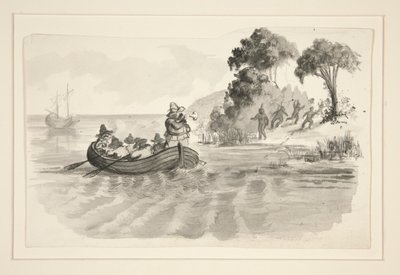 Män i roddbåt som flyr från indianer på stranden - oidentifierad illustration (Columbus upptäcker den nya världen?) - upptäcktsresande som landar i den nya världen av Edwin Austin Abbey