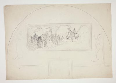Planera för installation av en av väggmålningarna The Quest of the Holy Grail på Boston Public Library av Edwin Austin Abbey