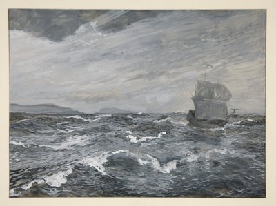 Havslandskap med segelbåt av Edwin Austin Abbey