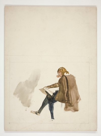 Sittande ung man i brun kappa, läser - oidentifierad illustration av Edwin Austin Abbey