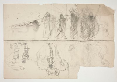 Ark med skisser för väggmålningsserien The Quest of the Holy Grail på Boston Public Library (recto); Oidentifierad skiss (verso) av Edwin Austin Abbey