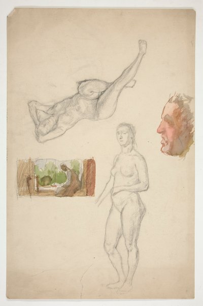 Skissark: två nakna kvinnor, profil av en man, figur som sitter i en interiör av Edwin Austin Abbey