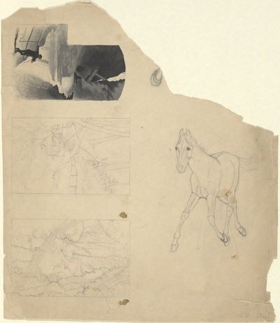 Studieark, tre av ett vattenfall, ett av ett hingstföl. av Edwin Austin Abbey