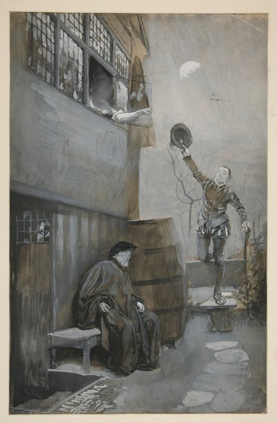 Sketch for Nighttime Rendezvous - 3 figurer: två män, en hona av Edwin Austin Abbey