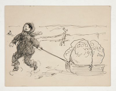Skiss till ett gratulationskort: ALLA GODA ÖNSKNINGAR FÖR 1911 från av Edwin Austin Abbey
