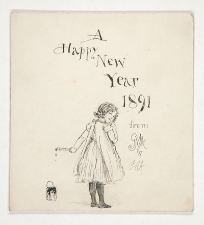 Skiss för ett gratulationskort: Ett gott nytt år 1891 från M.G.A. och E.A.A. av Edwin Austin Abbey