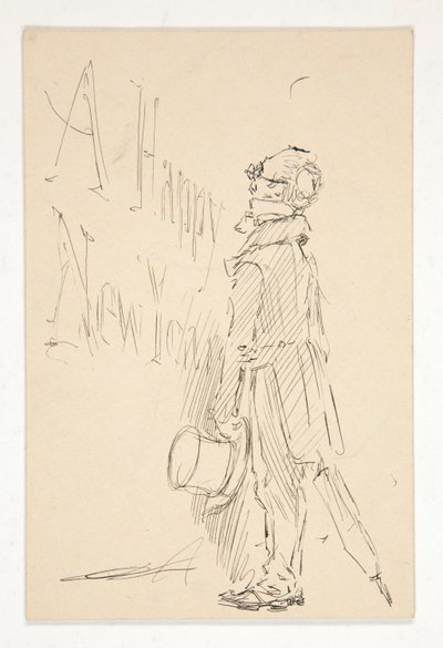 Skiss för ett gratulationskort: Ett gott nytt år; studie av en man som läser en skylt av Edwin Austin Abbey