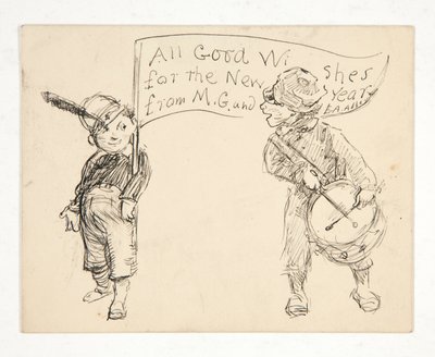 Skiss för ett gratulationskort: Alla goda önskningar för det nya året från M.G. och E.A. Kloster av Edwin Austin Abbey