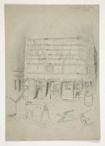 Skiss över Continental Iron Works(?) [industriell interiör] av Edwin Austin Abbey
