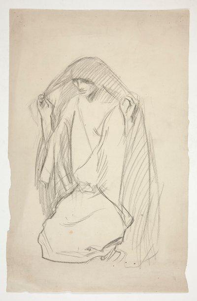 Skiss av en kvinnlig figur i mantel i bön för tre Maria vid korset av Edwin Austin Abbey