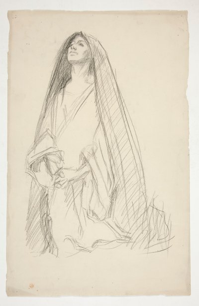 Skiss av en kvinnlig figur i mantel i bön för tre Maria vid korset av Edwin Austin Abbey