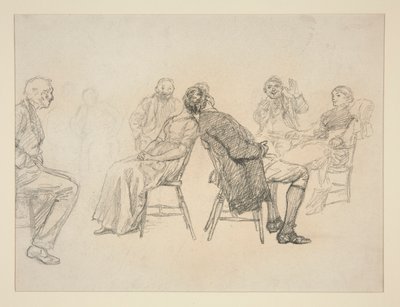 Skiss av ett par som spelar ett spel, omgivna av åskådare, i en interiör (?) - oidentifierad illustration av Edwin Austin Abbey