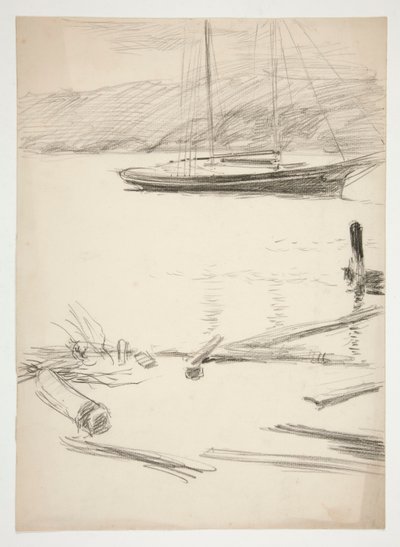 Skiss av en brygga och segelbåt av Edwin Austin Abbey
