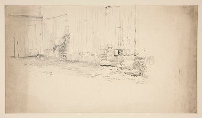 Skiss av en gård, med en häst av Edwin Austin Abbey