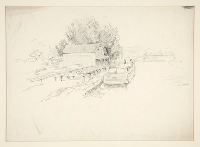 Skiss av en brygga, med fiskebåt och hamnbutik av Edwin Austin Abbey