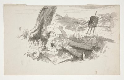 Skiss av en friluftsmålare som tar en tupplur under ett träd - oidentifierad illustration av Edwin Austin Abbey