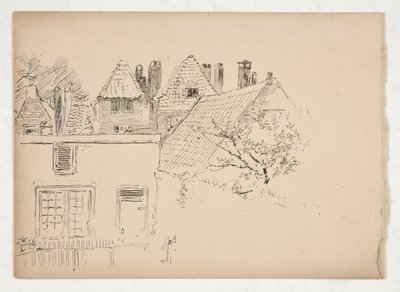 Skiss av en exteriör: byggnader och träd av Edwin Austin Abbey