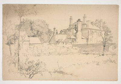Skiss av en exteriör: trädgård, vägg och stort viktorianskt hus av Edwin Austin Abbey
