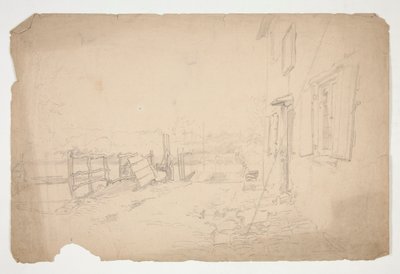 Skiss av en exteriör av ett hus på landet av Edwin Austin Abbey