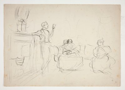 Skiss av en interiör: man som läser högt, kvinnor stickar - oidentifierad illustration av Edwin Austin Abbey