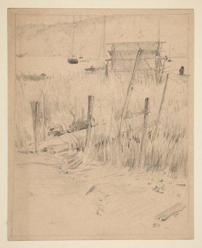 Skiss av en gammal brygga, med ogräs som växer upp runt den av Edwin Austin Abbey