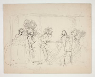 Skiss av figurer runt ett bord - oidentifierad illustration för en pjäs (?) av Edwin Austin Abbey