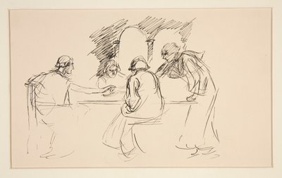 Skiss av fyra män i medeltida klänning vid ett bord - oidentifierad illustration, möjligen för av Edwin Austin Abbey