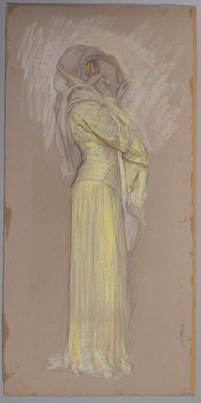 Studie, kvinna i gul klänning med brun slöja över ansiktet av Edwin Austin Abbey