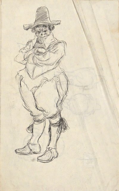 Studie av en man i XVIIth c. Holländsk kostym - oidentifierad. Studier på baksidan av Edwin Austin Abbey