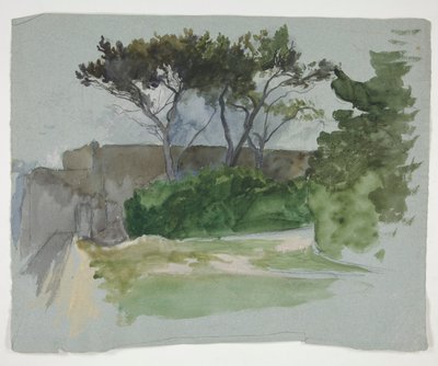 Studie av landskap med träd och stenmur av Edwin Austin Abbey