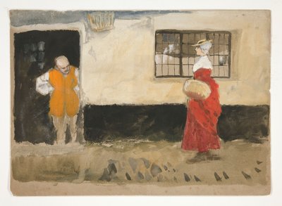 Studie av gatubild, man vid dörren, kvinna i röd klänning. av Edwin Austin Abbey
