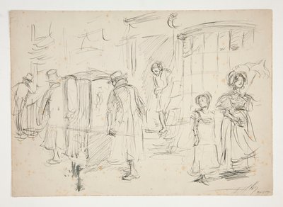 Studie av gatascen med sedanstol. av Edwin Austin Abbey
