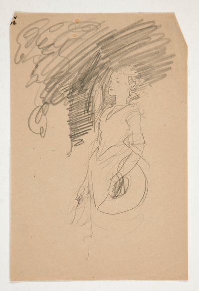Studie av kvinna i kostym från 1800-talet som håller sin hatt av Edwin Austin Abbey