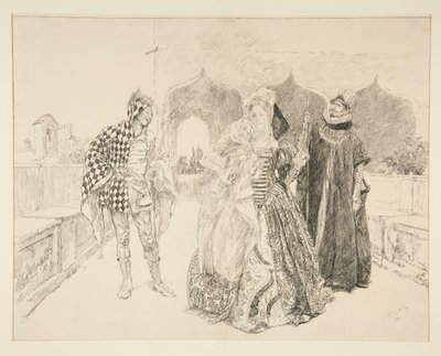 Clownen och Malvolio, illustration för akt I, Scene v, Twelfth Night av Edwin Austin Abbey
