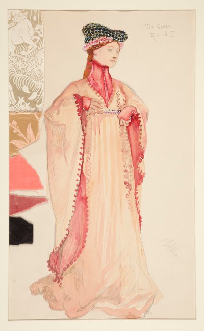 Drottningen (i rosa), kostymskiss för Henry Irving av Edwin Austin Abbey