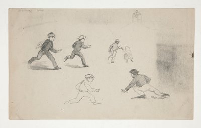 Tre studier (män med hästar, studie av huvud) (recto); Sex studier av löpande figurer, studie av ett klocktorn (verso) av Edwin Austin Abbey