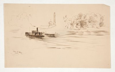 Bogserbåt som skjuter pråm på floden av Edwin Austin Abbey