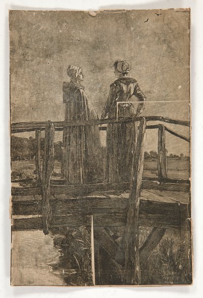 Trästick utan titel av E.A. Kloster (?) av två damer på en träspång - illustration för William Black av Edwin Austin Abbey