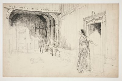 Kvinna och hund i en interiör - (oidentifierad illustration för en pjäs?) av Edwin Austin Abbey