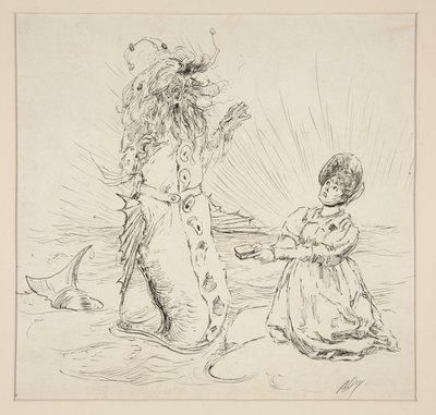 Kvinna och orm på stranden, skiss för The Lay of the Lobster av Edwin Austin Abbey