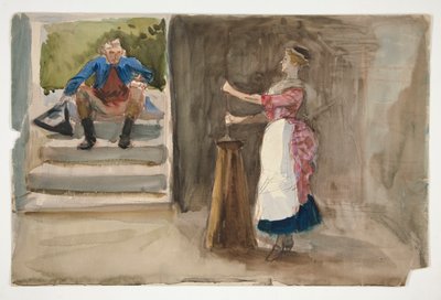 Kvinna som kärnar smör, man i revolutionär klänning tittar på - (oidentifierad illustration) av Edwin Austin Abbey