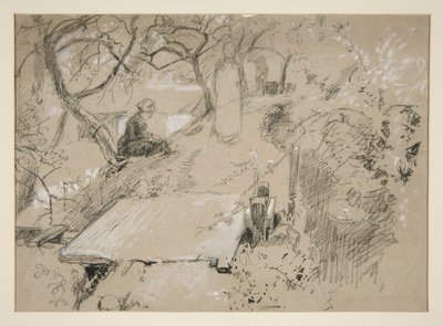 Kvinna som sitter på bänken i en trädgård eller offentlig park - oidentifierad illustration av Edwin Austin Abbey