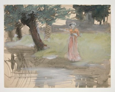 Kvinna som står vid en flodstrand - oidentifierad illustration av Edwin Austin Abbey