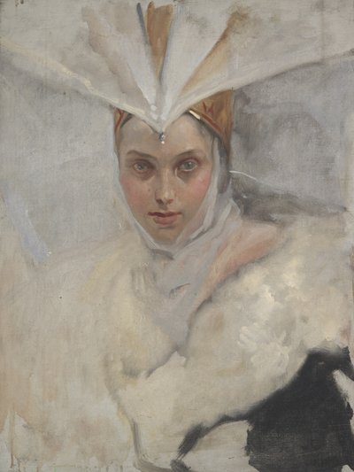 Kvinna med fiskgjusehuvudbonad och vit pälskrage, 1897 av Edwin Austin Abbey
