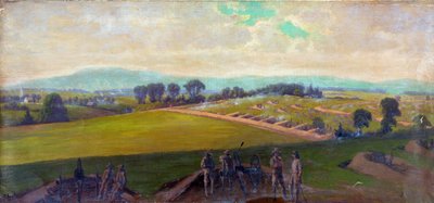 Amerikanska inbördeskriget 1861-1865: Slaget vid Gettysburg 1-3 juli 1863. USA:s tyngsta offer i kriget. "Sista ställningen för Army of Virginia, under befäl av general Lee". Olja. Edwin Forbes (1839-1895) amerikansk konstnär. Militärt artilleri av Edwin Austin Forbes