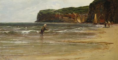 Kustvy med kvinna som räkor, ca 1900 av Edwin Ellis