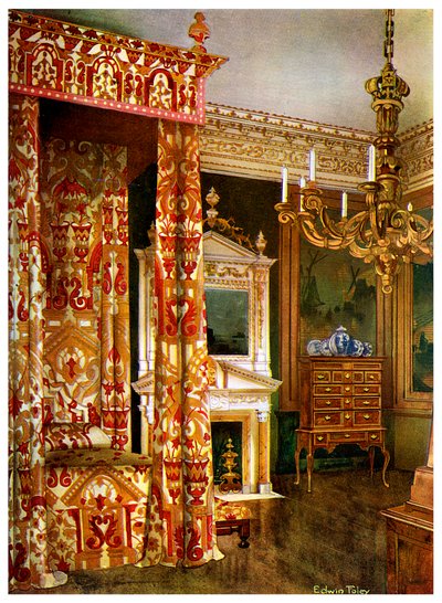 Queen Annes säng, byrå på stativ och en träkandelaber, 1910. av Edwin Foley