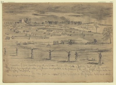 Avrättning av fem desertörer från de 118: e Pennsylvania Volunteers, 1st Division, 5th Corps, före hela 5th Corps, Beverly Ford, Va. av Edwin Forbes