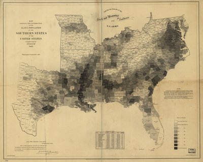 Karta som visar fördelningen av slavbefolkningen i USA:s södra stater, sammanställd från folkräkningen 1860 av Edwin Hergesheimer